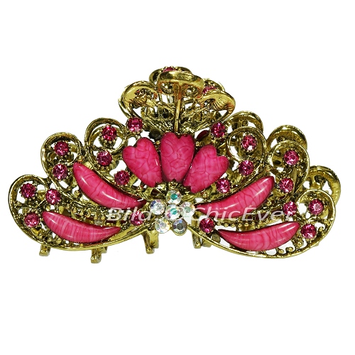 Haargreifer L Vintage Haarkneifer Haarklammer Metall & Strass rosa pink gold 5118a - zum Schließen ins Bild klicken